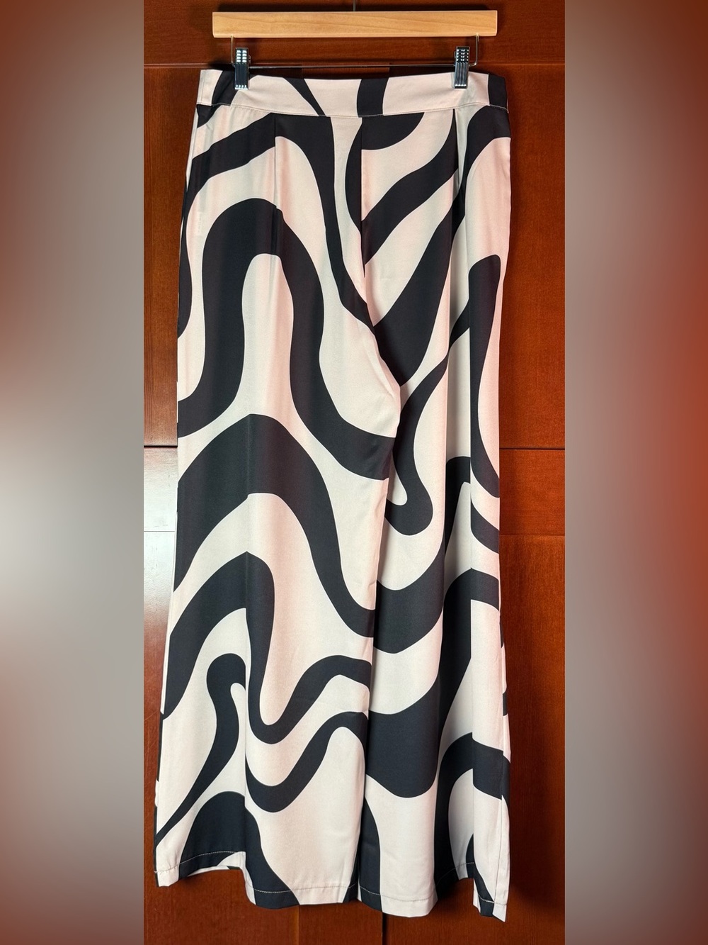 Black Cream Swirl Print Wide Leg Palazzo Pants Side Zip Size L NWOT